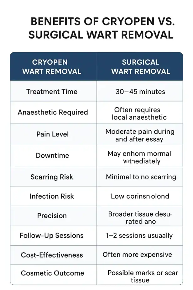 Table showing the benefits of cryopen to remove warts Ashford compared to surgical treatment